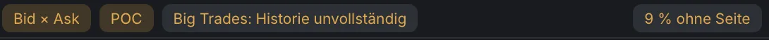 Notices from the app (German interface): Bid × Ask, POC, Big Trades: history incomplete, 9 % without side.